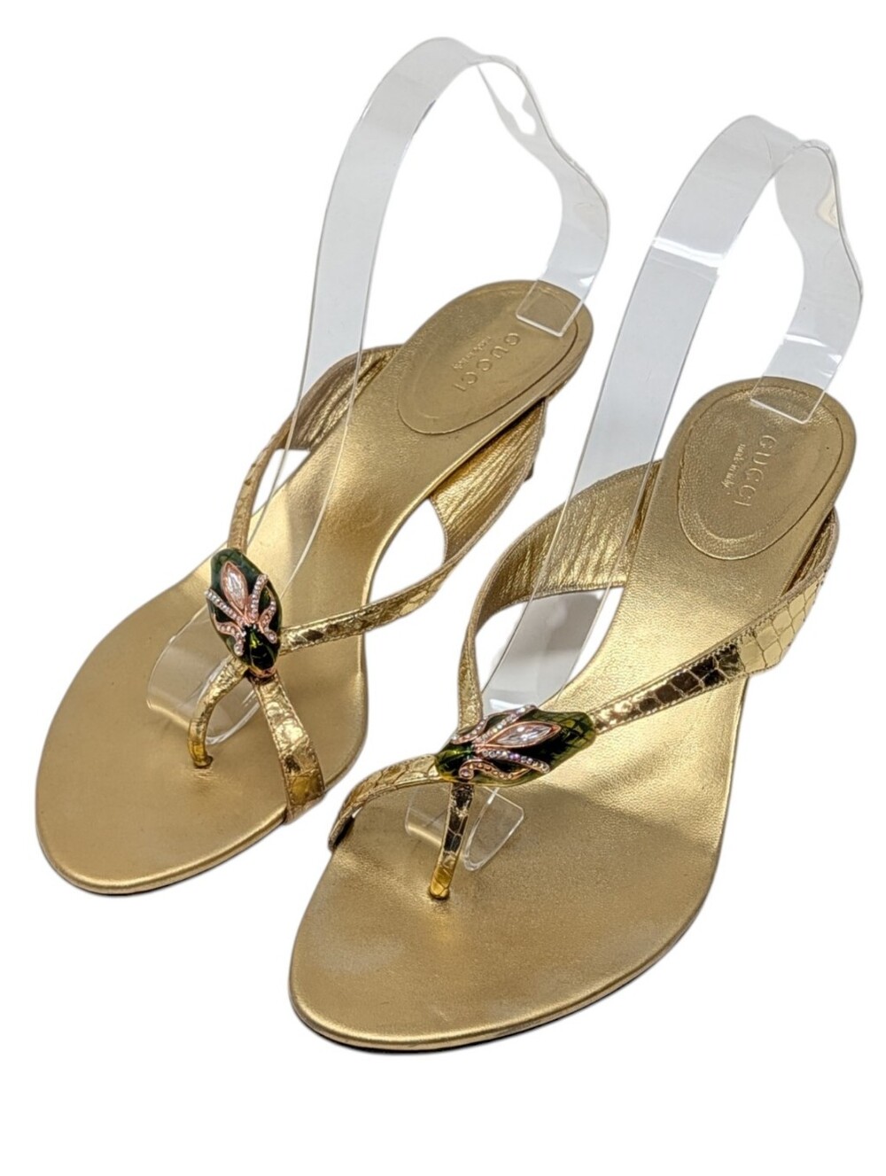 Gucci Tom Ford S/S 2004 Gold Metallic Green Python Bamboo Heel Sandals Size 8 - Picture 2 of 16